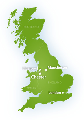 Map showing Chester, London and Liverpool and Manchester airports